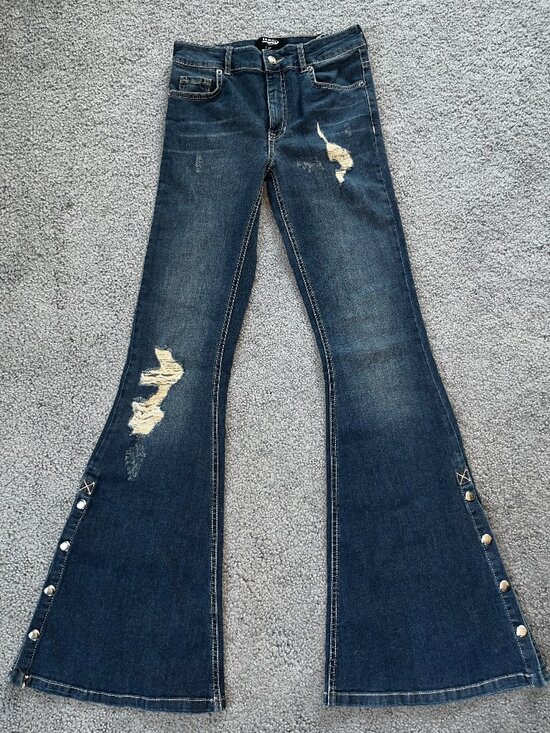 Jaded London Denim - JADED LONDON Y2K Distressed Ripped Side Snap Skinny Flare Blue Denim Jeans - 25